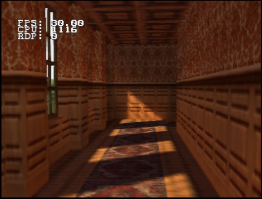 A lightmapping demo by Arthur that shows a beautiful manor corridor with sun shining throuh window panes on the left.